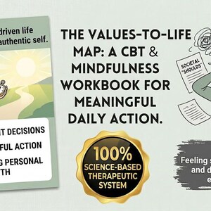 Könnte beinhalten: Ein Arbeitsbuch mit dem Titel "The Values-to-Life Map: A CBT & Mindfulness Workbook for Meaningful Daily Action." Das Cover zeigt Illustrationen einer Frau mit einem Kompass und einer anderen mit Papieren und Sprechblasen. Das Arbeitsbuch verspricht selbstbewusste Entscheidungen und nachhaltiges persönliches Wachstum.
