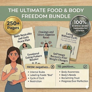 以下が含まれることがあります： 「The Ultimate Food & Body Freedom Bundle」を宣伝するイラスト。 「Body Neutrality」や「Eating Without Guilt」などのタイトルが付いた本がいくつか表示されています。 食事とボディイメージに関連する「ネガティブ」と「ポジティブ」をリストしたグラフィック。