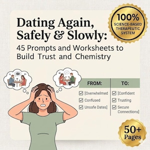 May include: An illustration promoting a dating guide. The image features a woman holding her head, with thought bubbles showing dating scenarios. Text includes "Dating Again, Safely & Slowly" and "45 Prompts and Worksheets to Build Trust and Chemistry."