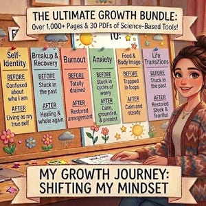 Könnte beinhalten: Illustration, die ein Wachstums-Bundle mit über 1.000 Seiten und 30 PDFs wissenschaftsbasierter Tools bewirbt. Das Bild zeigt eine Frau, die an einem Schreibtisch mit einem Laptop und einer Tafel sitzt, auf der Themen wie Selbstidentität und Burnout aufgeführt sind. Der Text lautet "My Growth Journey: Shifting My Mindset."