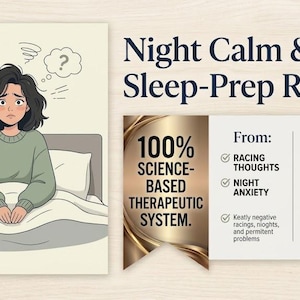 以下が含まれることがあります： ベッドにいる人物と吹き出しのイラスト。 「Night Calm & Sleep-Prep Routine」と科学に基づいた治療システムを宣伝する画像。 画像には利点のリストも含まれています。