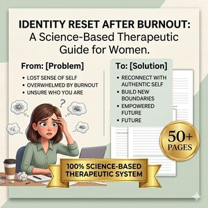 Könnte beinhalten: Ein illustrierter Ratgeber mit dem Titel "IDENTITY RESET AFTER BURNOUT: A Science-Based Therapeutic Guide for Women." Das Bild zeigt eine gestresste Frau, Text, der Probleme und Lösungen hervorhebt, und ein goldenes Siegel mit der Aufschrift "50+ PAGES."