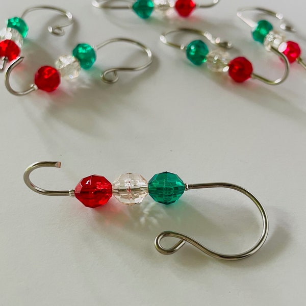 Christmas Ornament Hangers / Hooks – Silver Wire - Green, Red and Champagne Translucent Plastic Faceted Beads - Set of 6 = 1QTY