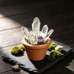 Puede incluir: Una pequeña maceta de terracota llena de cristales de cuarzo transparente, musgo verde y un cristal de amatista púrpura. La maceta está sobre una pizarra gris oscura, con musgo adicional y pequeñas piedras alrededor. El arreglo está sobre un fondo de madera oscura.