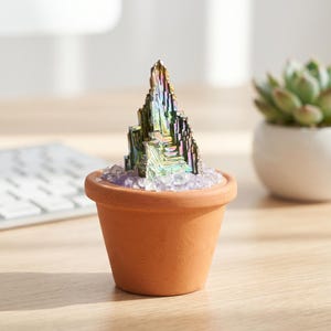 Puede incluir: Una pequeña maceta de terracota llena de cristales de amatista y una colorida formación de cristal de bismuto. El cristal de bismuto muestra tonos iridiscentes de azul, dorado y púrpura. Una suculenta en una maceta blanca está en el fondo.