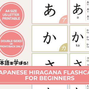 Puede incluir: Tarjetas didácticas de Hiragana japonés para principiantes. La imagen muestra tarjetas con caracteres japoneses y traducciones al inglés. Las tarjetas están diseñadas para impresión en tamaño A4 y son de doble cara.