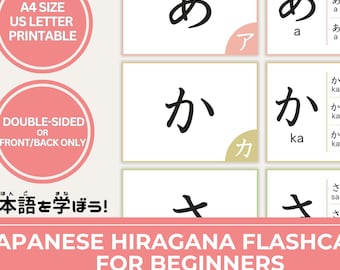 May include: Japanese Hiragana flashcards for beginners. The image shows flashcards with Japanese characters and English translations. The flashcards are designed for A4 size and US letter printing, and are double-sided.
