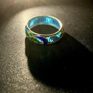 May include: A silver ring with a blue interior and an exterior design featuring blue, green, and purple floral patterns. The ring is set against a dark background, with light reflecting off the ring's surface.