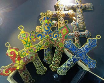 Collar con colgante de cruz de cloisonné de la década de 1970: esmalte de filigrana de cobre puro, artesanía de patrimonio inmaterial, regalo religioso espiritual sagrado para la fe.