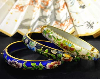 Brazalete chino vintage de cloisonné de los años 70, pulsera floral de esmalte, joyería retro de cloisonné, brazalete de esmalte único, regalo para ella