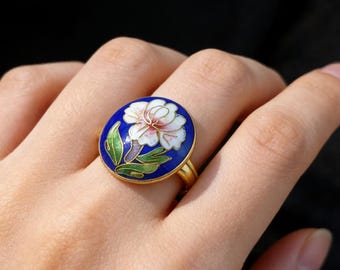 1970s Chinese Cloisonné Ring | 925 Sterling Silver Gold-Plated Adjustable Band | Vintage Enamel Jewelry Gift for Her Special Occasion