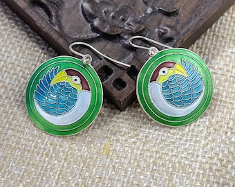Pendientes colgantes chinos cloisonné vintage de los años 70, con diseño de pájaro en filigrana de plata, estilo bohemio retro, hechos a mano, pendientes antiguos y raros.