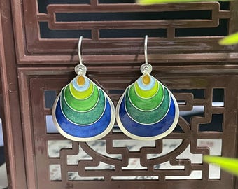 Pendientes cloisonné chinos vintage de los años 70 - Ganchos para las orejas de plata de ley 925, reproducción vintage, regalo único de joyería oriental retro