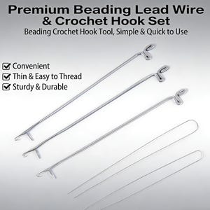 May include: A collection of silver beading crochet hooks and lead wires. The image features the text "Premium Beading Lead Wire & Crochet Hook Set" and "Beading Crochet Hook Tool, Simple & Quick to Use". The hooks have a hook at one end and a loop at the other.