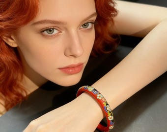 Pulsera china vintage de cloisonné y laca: pieza coleccionable excepcional, artesanía de dos fábricas, un regalo cultural hecho a mano para ella.