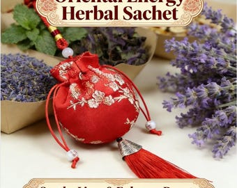 Bolsita de hierbas orientales hecha a mano: aroma a lirio, melocotón y rosa que calma el ánimo y alivia el estrés.