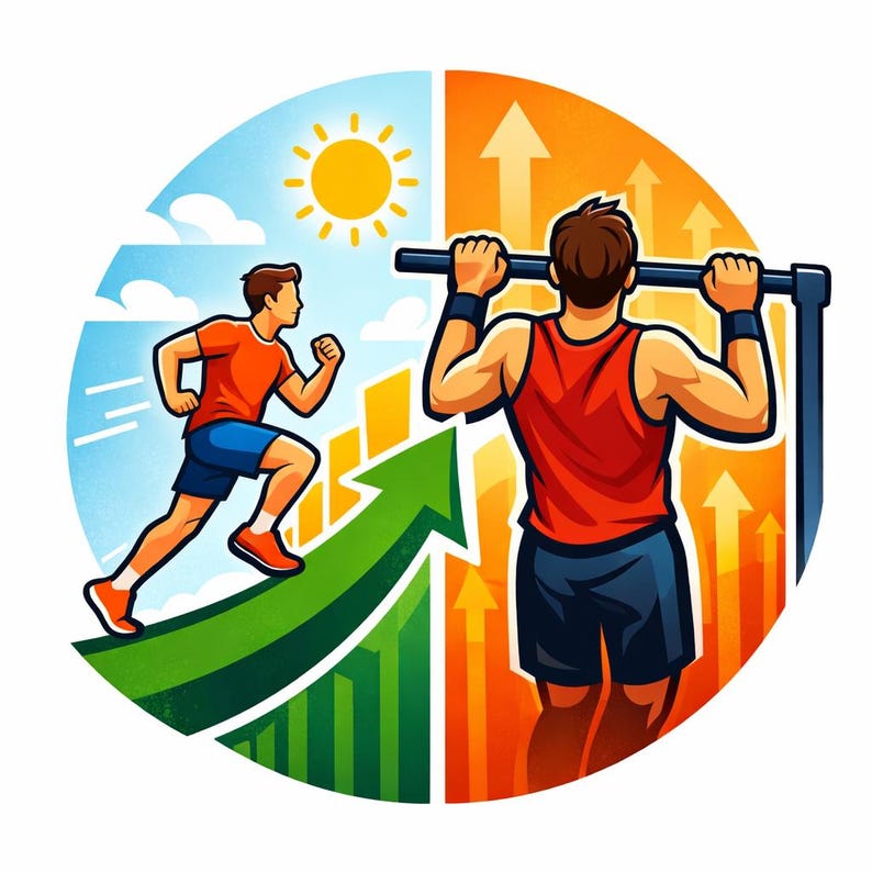 May include: A vibrant illustration depicting fitness and progress. One half shows a person running, the other a person doing pull-ups. Arrows and charts are used to represent growth, with a bright colour palette and a sun in the background.