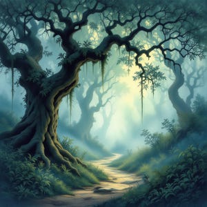 Può includere: Un dipinto digitale di una scena di foresta mistica. Alberi imponenti con rami nodosi e viti sospese incorniciano un sentiero tortuoso. La scena è immersa in una luce soffusa ed eterea, creando un senso di mistero e tranquillità. Il fogliame verde lussureggiante e l'atmosfera nebbiosa aggiungono profondità.