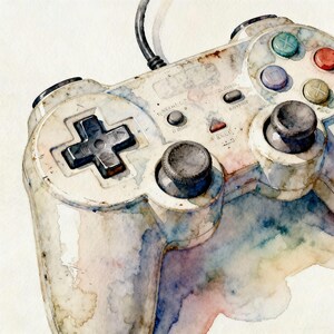 Puede incluir: Pintura a la acuarela de un mando de videojuegos vintage. El mando es de color blanco roto con una cruceta negra, joysticks grises y botones de colores. La obra de arte tiene un aspecto envejecido y desgastado con salpicaduras de acuarela.