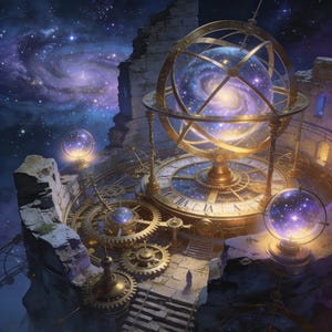 Puede incluir: Una representación artística de un observatorio celestial. La imagen presenta un gran reloj ornamentado con números romanos, engranajes y una estructura esférica que contiene una galaxia. La escena se desarrolla sobre un fondo de una galaxia arremolinada y un cielo estrellado.