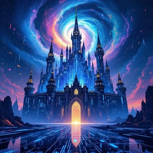 May include: A digital artwork depicting a futuristic castle with tall spires and intricate details. The castle is illuminated with blue and gold lights, set against a swirling galaxy of pink, purple, and blue hues. The ground reflects the castle's lights.