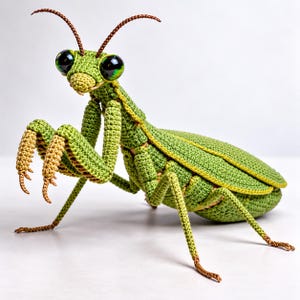 Patrón de ganchillo en PDF de mantis realista, tutorial avanzado de amigurumi para muñecos de insectos articulados.