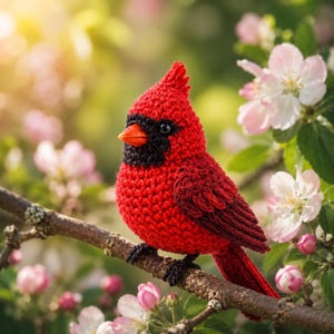 May include: A handcrafted red crochet cardinal bird with black accents and an orange beak perches on a branch. The bird is surrounded by pink and white blossoms, creating a spring-like scene.