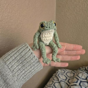 May include: A handmade crochet frog in shades of green and cream. The frog has large, expressive eyes and is posed as if sitting. The crochet work is detailed, showcasing the texture of the yarn. A charming, whimsical item.