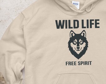 ild Life Free Spirit Hoodie, Gildan 18500 Hoody, Sand Heather Grey White Wolf , Vintage Animal Graphic, Nature Lover Outdoor Gift