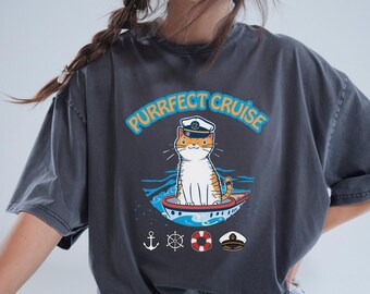 Cruise Shirt Cat Graphic Comfort Colors TShirt Unisex Youth | Purrfect Cruise Funny Cat Boat Tee Vacation Gift