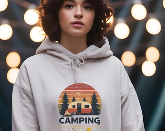 Camping Hoodie Sweatshirt Retro Camper Van Graphic Gildan Unisex Pullover Outdoor Nature Cozy Gift