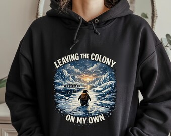 Leaving The Colony On My Own Hoodie – Gildan Unisex Sweatshirt, Penguin Graphic Hoodie, Minimal Outdoor Nature Design