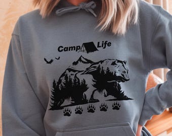 Camp Life Bear Hoodie & Sweatshirt | Gildan Unisex Hoodie | Camping Outdoor Nature Bear Graphic Pullover
