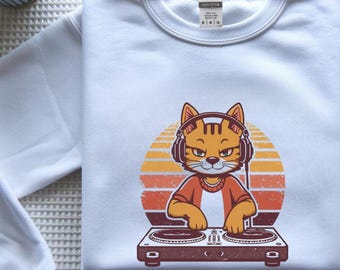 DJ Cat Shirt White Only, Unisex Youth T-Shirt Hoodie Sweatshirt, Funny Music Cat Graphic Tee, Gift for Kids & Teens