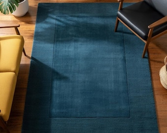 Teal Solid Area Rug Modern Minimal Rug Dark Blue Living Room Carpet Luxury Plain Rug Hand Tufted Wool Rug