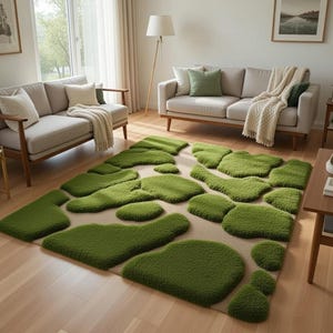 Grüner 3D-Moosteppich, Handgetufteter Wollteppich aus Bio-Kieselstein, Abstrakter Teppich für Wohnzimmer Schlafzimmer, Biophiles Naturdekor