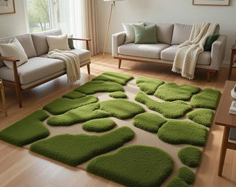 Green 3D Moss Rug, Organic Pebble Hand Tufted Wool Rug, Raised Grass Patch Abstract Rug for Living Room Bedroom, Biophilic Nature Decor