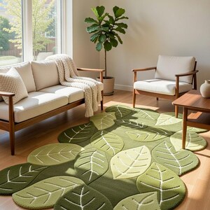 May include: A large, irregularly shaped area rug featuring a pattern of overlapping leaves in various shades of green, including olive, sage, and lime. The rug has a textured surface with white, stitched-style vein details on each leaf shape.