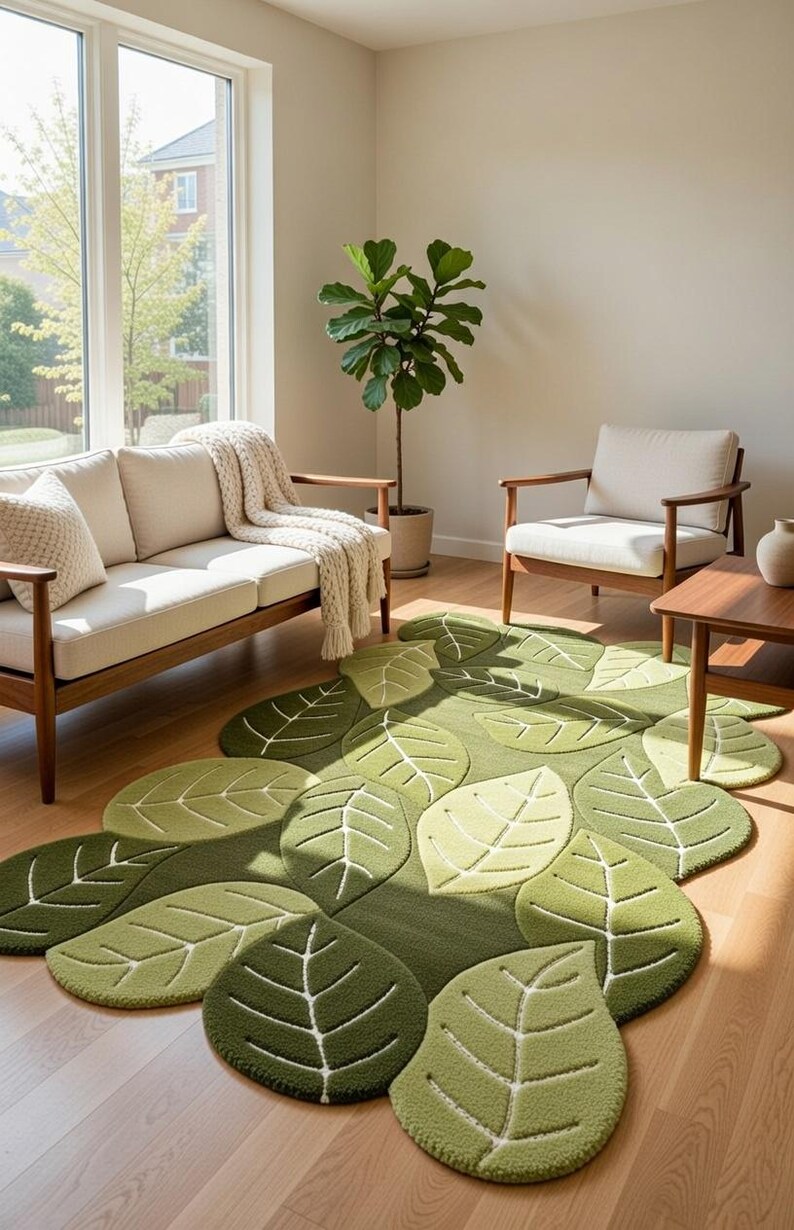 May include: A large, irregularly shaped area rug featuring a pattern of overlapping leaves in various shades of green, including olive, sage, and lime. The rug has a textured surface with white, stitched-style vein details on each leaf shape.