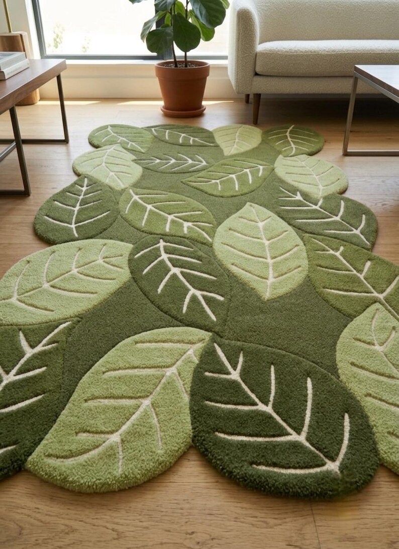 May include: A tufted area rug featuring an organic, irregular shape composed of overlapping leaf motifs in various shades of forest, olive, and sage green. Each leaf includes a central vein and branching lines in a contrasting cream color.