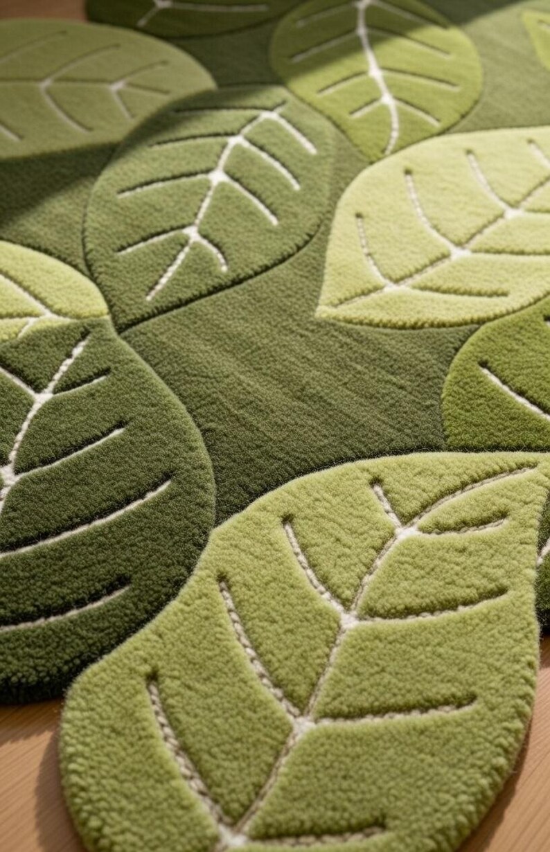 May include: A tufted rug featuring a repeating pattern of overlapping leaves in various shades of green, including olive, lime, and forest green. Each leaf shape is defined by a recessed white stitched vein detail, creating a textured surface.
