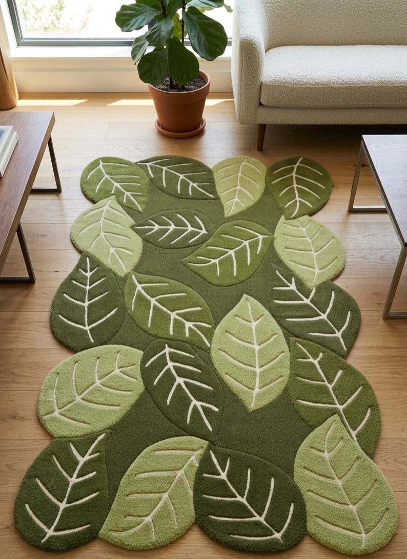 May include: A rectangular area rug featuring a layered pattern of overlapping leaves in various shades of dark green, olive, and light sage green. Each leaf shape is outlined with a cream-colored border and includes a central vein detail.