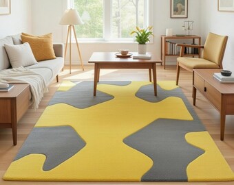 Mustard Yellow Abstract Rug – Modern Wool Area Rug, 6x9 ft