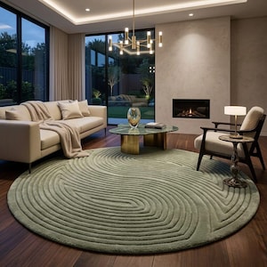 May include: A large, round, sage green area rug featuring a textured, raised concentric swirl pattern. The rug is placed on a dark wood floor in a living room setting, centered beneath a green marble coffee table and a light-colored sofa.