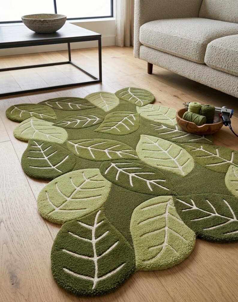 May include: A tufted area rug shaped like a cluster of overlapping leaves in various shades of olive, forest, and sage green. The rug features a raised, textured surface with cream-colored stitched vein details on each leaf segment.