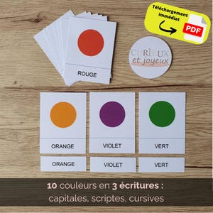 Pode incluir: Flashcards educativos com círculos coloridos e nomes de cores em francês. Os cartões apresentam círculos laranja, violeta e verde, com as palavras "ORANGE", "VIOLET" e "VERT" abaixo. A imagem também inclui um ícone de download PDF e o texto "10 couleurs en 3 écritures".