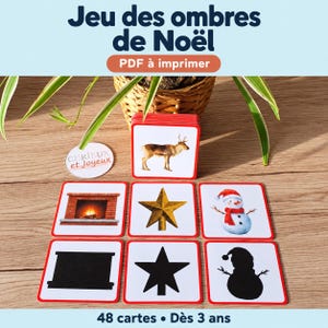 Peut inclure: Un jeu de cartes de Noël à imprimer avec des bords rouges. Les cartes carrées présentent des illustrations colorées d'un renne, d'une cheminée, d'une étoile dorée et d'un bonhomme de neige, accompagnées de leurs silhouettes noires correspondantes.
