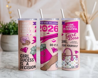 Opakowanie na kubek Girl Boss PNG 20oz | Różowy luksusowy wzór sublimacji (pobranie cyfrowe)