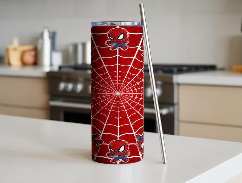 Może przedstawiać: Czerwony kubek z białym wzorem pajęczyny i kresk&oacute;wkowymi ilustracjami Spider-Mana. Dołączona jest srebrna metalowa słomka. Wz&oacute;r powtarza się wok&oacute;ł kubka. Cylindryczny kubek stoi pionowo.
