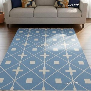 Alfombra geométrica azul claro / Alfombra moderna minimalista con diseño de celosía y borlas / Estilo bohemio escandinavo para sala de estar y dormitorio / Tamaño personalizado